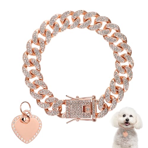Collare per cane da 20 cm, collana in oro rosa con diamanti con medaglia a forma di cortile e strass collare per cani a forma di cortile per cani di piccola media e grande taglia gatti
