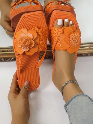 OYOANGLE Women's Boho Floral Decor Square Open Toe Braided Thong Sandals Square Open Toe Slide Sandals2