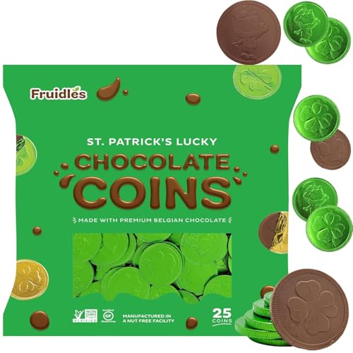 Saint Patrick's Day 25 Clover Shamrock Leprechaun Green Coins, Premium Belgian Milk Chocolate Nut-Free Candy, Kosher (25-Pack)