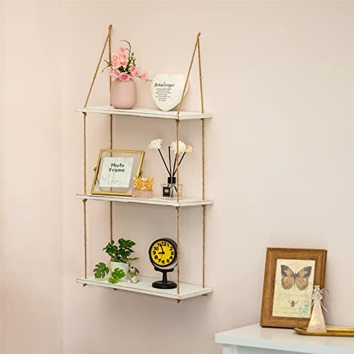 Sziqiqi Hanging Wooden Shelves for Wall - 3 Tier Rustic Shelves Rope Shelf for Plants Display Wall Shelves for Living Room Bedroom Bathroom Kitchen Office