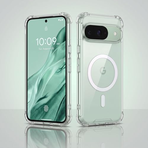 Image of amazon basics Crystal Clear Magnetic Case for Google Pixel 9 5G | Compatible with MagSafe Accessories | Air-Guard Corners | Shockproof TPU + Hard PC Back | Slim Transparent Protective Cover (Clear)