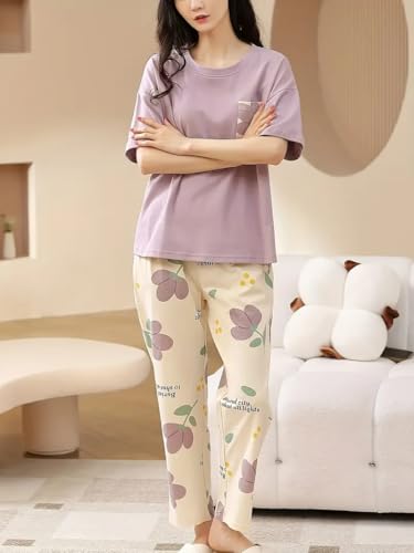 Image of Celary Korean Women's Pyjama Set|Half Sleeve T-Shirt & Printed Pyjama Set for Women|Size:- M to 4XL|Soft Cotton Blend Comfortable Night Suit for Women