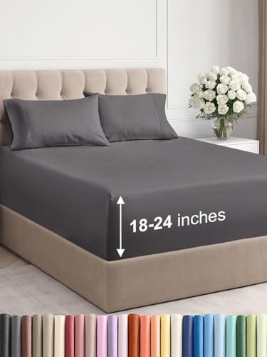 Extra Deep Pocket Queen Sheet Set - 4 Piece Breathable & Cooling Bed Sheets - Hotel Luxury Sheet Set - Soft, Wrinkle Free and Comfy - Easily Fits Extra Deep Mattresses - Deep Pocket Dark Grey Sheets