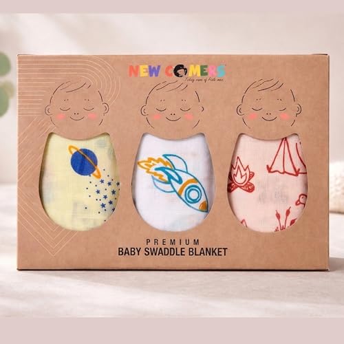 Image of NEW COMERS Cotton Muslin Baby Swaddle Set, Multicolor Printed Muslin Swaddle Wrap for New Born Baby, Soft Pure Cotton Sheet Baby Wrap Set, Baby Product (Swaddle 08)