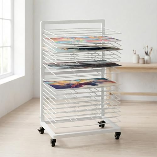 OFFICEROO White Art Drying Rack for Classroom & Preschool 18-Shelf Mobile Paint Drying Rack Canvas & Paper Drying Rack for Art Storage