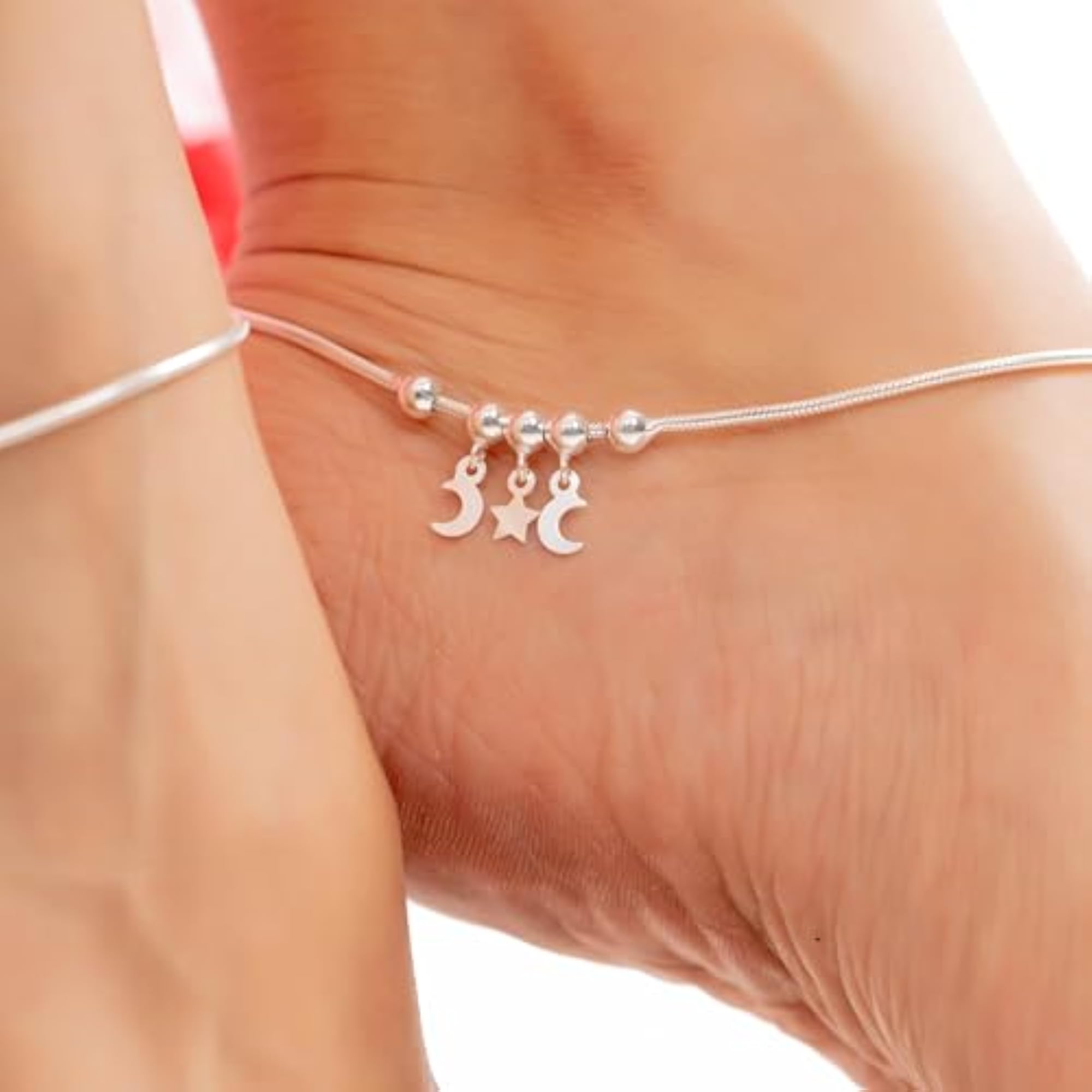 Women's 925 Sterling Silver Moon & Star Charm Anklet