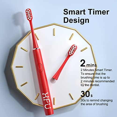 Image of Seago Sonic Electric Battery Toothbrush for Adults and Kids, 3 Brush Heads, with 2 Modes and Waterproof IPX7, Bulid in 2 Mins Timer 24,000 VPM (Red)