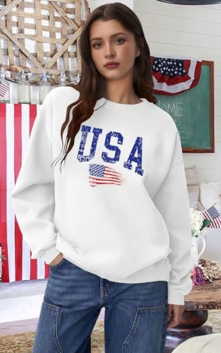 Image of LAZYCHILD USA Sweatshirt Women American Flag Shirt Patriotic TShirt Stars Stripes Pullover 4th of July Tee Tops