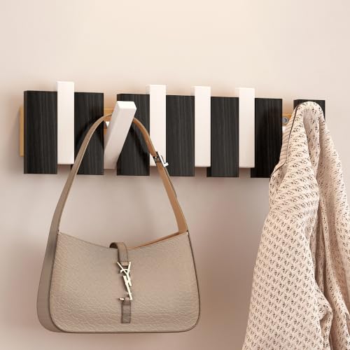 EcobooLife Wooden Piano Coat Rack Wall Mounted, Coat Hooks Hanger Wall Mount with 6 Hooks, Flip-Down Natural Coat Rack for Hanging Keys/Bags, Space Saving Home Hangers, Black & White - image 5