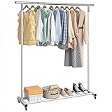 Buzowruil Clothing Rack Clothes Rack Standard Rod Simple Rolling Metal Garment Rack Organizer Hanger with Wheels,White with Silver