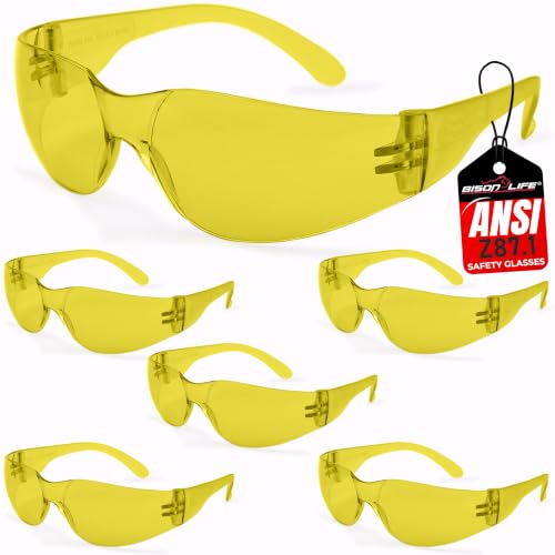 Image of BISON LIFE Yellow Safety Glasses for Men & Women, Bulk, ANSI Z87.1, 6 Pack