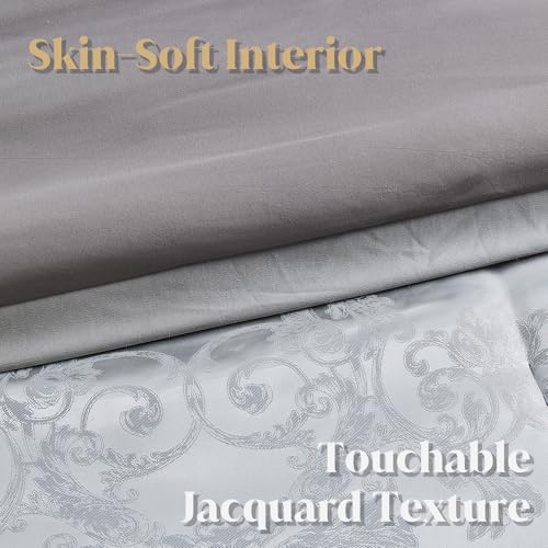 Image of CozyDH Silver Grey Queen Comforter Set - Luxury 7 Piece Light Gray Jacquard Damask Silky Bed in a Bag, Modern All Season Down Alternative Bedding with Bed Skirt, Shams, Decorative Pillows
