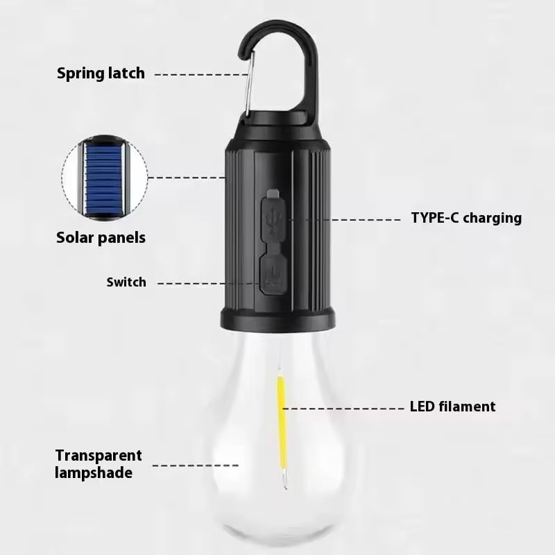 Image of GlowBase Solar Powered Rechargeable Emergency LED Light Bulb, Portable Waterproof Hanging Camping Lantern with 3 Modes & USB Charging, Outdoor Tent Lights (Pack of 1)