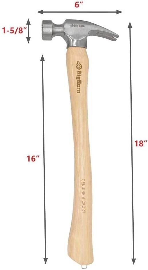 Big Horn 15121 25 Oz Curved Handle Framing Hammer – Milled Face, Magnetic Nail Starter, One-Piece Forged Steel Head, Canadian Hickory Handle