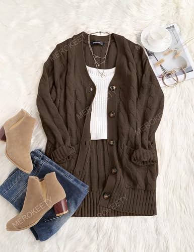 Image of MEROKEETY Womens Fall 2026 Long Sleeve Cable Knit Cardigan Sweaters