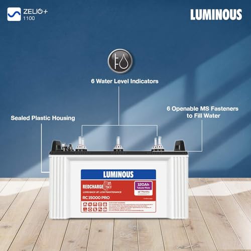 Luminous Inverter & Battery Combo with Trolley (Zelio+ 1100 Pure Sine Wave 900VA/12V Inverter, Red Charge RC 15000 PRO Short Tubular 120Ah Battery... - Image 6