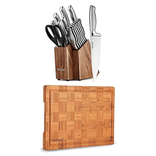 McCook MC20 Stainless Steel Knife Block Sets + MCW12 Bamboo Cutting Board (Small, 14â€x10â€x0.8â€)