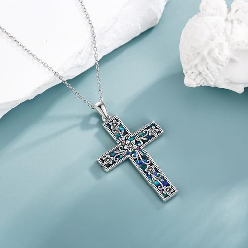 URONE Cross Necklace Sterling Silver Cross Flower Pendant Necklace Christian Religious Vintage Jewelry Gifts for Women3