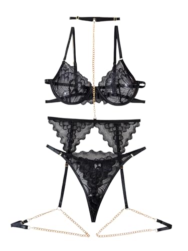 Lilosy Sexy Choker Floral Lace Scallop Sheer Underwire Push Up Garter Belt Lingerie Set 3 Piece for Women See Through Bachelorette Bra and Panty Chain Black Medium