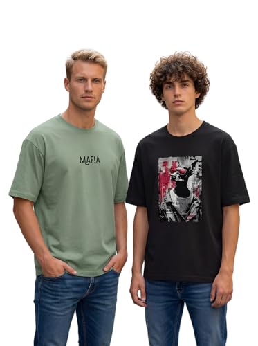 Image of BULLMER Trendy Front and Back Printed Oversized Round Neck T-Shirt for Men - Pack of 2