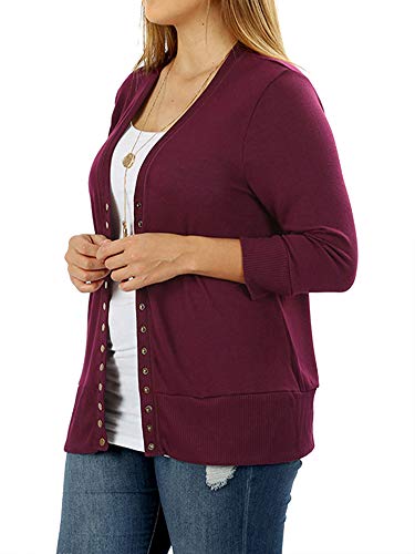 Women Snap Button Front V-Neck Button Down 3/4 Sleeve Ribbed Knit Cardigan (Fuchsia, 1X)2