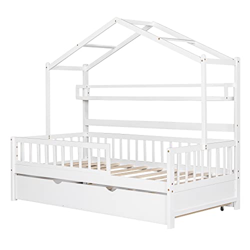 GDFStudio Wooden Twin Size House Bed with Trundle and Storage Shelves, Twin Bed Frame with Roof Playhouse Design for Bedroom, White by GDFStudio - Image 5