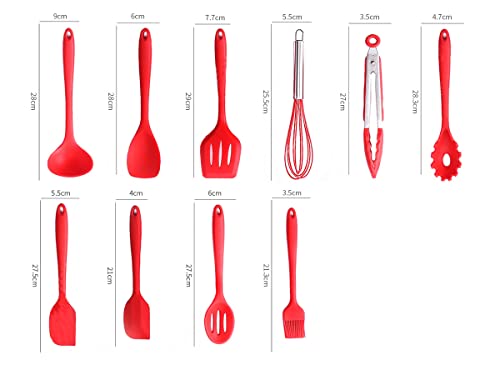 Kit de colheres escumadeiras e espatulas de silicone 10 peças (VERMELHA)