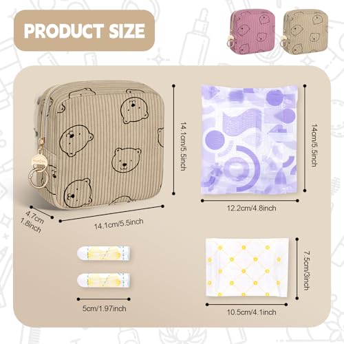 Image of Period Bag for Teen Girls, Corduroy Sanitary Napkin Storage Bag, Menstrual Pad Pouches Tampon Holder for Purse (Bears-Khaki)