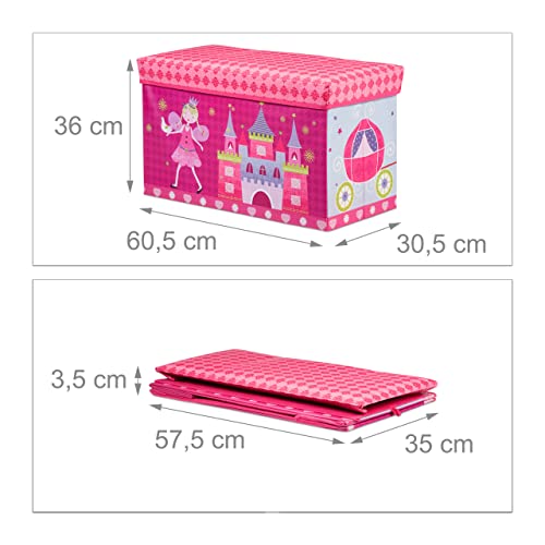 Relaxdays Sitzbox Kinder, Faltbare Aufbewahrungsbox mit Stauraum, Deckel, Prinzessin & Fee, 50 Liter, platzsparend, pink