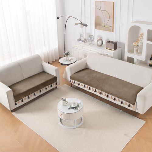 Image of HOKIPO 5 Seater Sofa Cover with Tassel in 3+2 Configuration | Dyed Holland Velvet Fabric | 'TasselTone Series' | Coffee Brown (IN-1108+1106-CF)