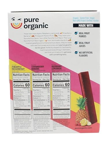 Generic Pure Organic Layered Fruit Bars 3 Variety Pack ~ Raspberry Lemonade ~ Strawberry Banana ~ Pineapple Passionfruit ~ Pack of 1