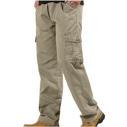 Cargo Pants for Men Elastic Waist Casual Pants Multi Pockets Classic Straight Trouser Outdoor Hiking Cotton Trousers