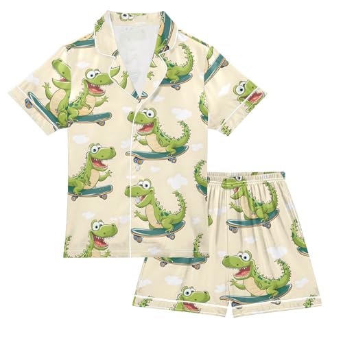 ALAZA Cartoon Crocodile Cloud Satin Pajamas Set Short Sleeve Button Down Sleepwear Summer Pjs 2 Piece