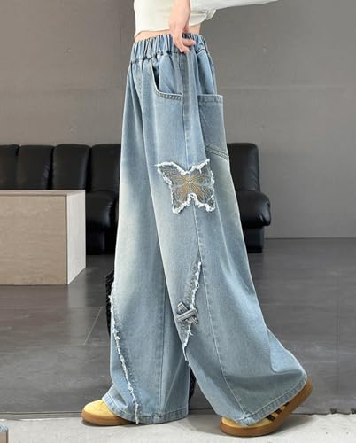 Girls Wide Leg Jeans Elastic Waist Baggy Butterfly Printed Jeans Y2k Aesthetic Loose Denim Pants 6-14 Years4