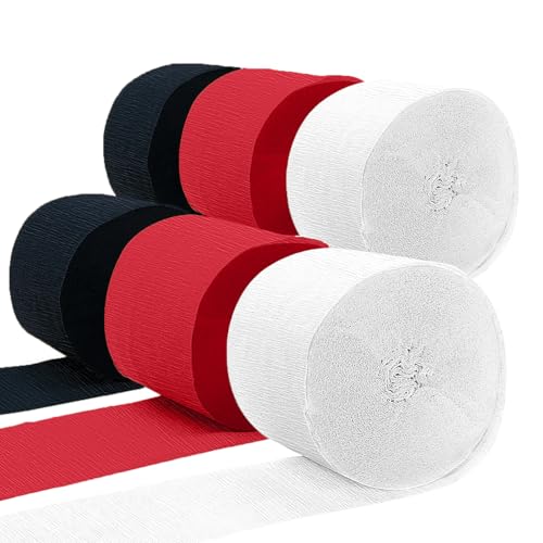 Image of Crepe Paper Streamers 6 Rolls 492ft, Red Black and White Crepe Paper Decorations for Graduations Birthday DIY Gift Wrapping Holiday Party Decor, 1.77 Inch x 82 Ft /Roll