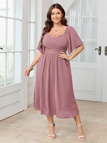 Image of SHESTARR Women's Plus Size Midi Dress Sweetheart Neck Short Sleeve Wedding Guest Cocktail A Line Flowy Dress