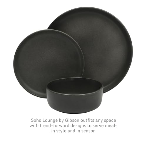 Gibson Elite Pasco 12 Piece (Service for 4) Plates and Bowls Reactive Glaze Dishes Stoneware Ceramic Dinnerware Set - Black by Gibson Elite - Image 3