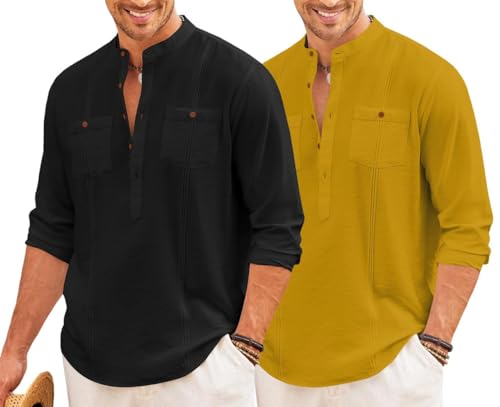 Image of Macsivo Combo of Men's Regular Fit Cotton Blend Solid Casual Short Kurta with Mandarin Collar and Pockets Kurta Pack of 2
