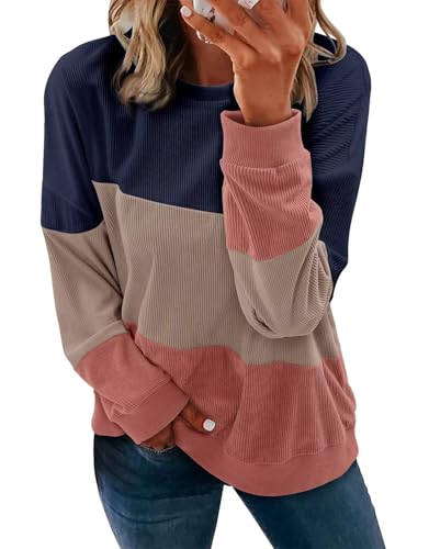 KISSMODA Womens Casual Long Sleeve Sweatshirts Color Block/Solid Tops Corduroy Crewneck Tunic Pullover with Pockets