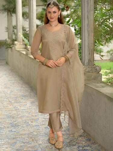 Image of INDO ERA Women's Silk Blend Ethnic Motifs Solid Straight Kurta & Pant with Dupatta Set (RROUT10695)