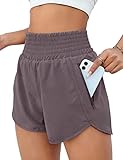 BMJL Women's Athletic Shorts High Waisted Running Short Pocket Sporty Shorts Gym Elastic Workout Shorts(S,Coffee)