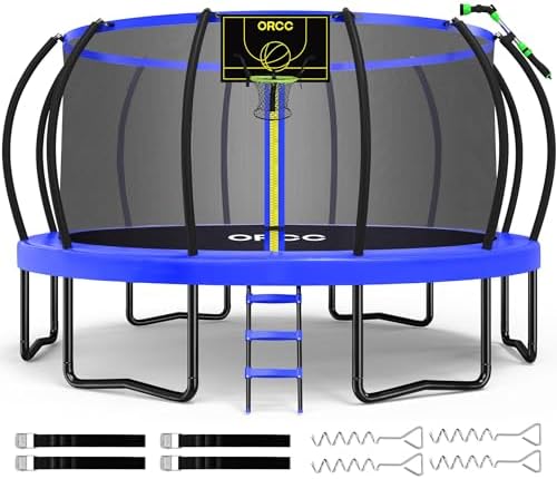 ORCC 16 15 14 12 10 8FT Kids Trampoline, 1300LBS Weight Capacity Trampoline with Basketball Hoop Water Sprinkler Spiral Ground Stakes Outdoor Yard Trampolines for Kids Adults