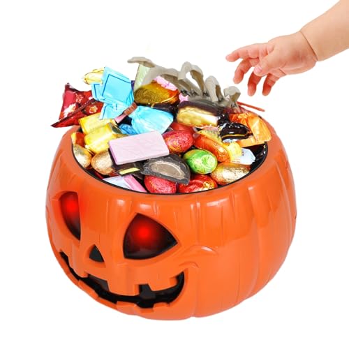 Halloween Skull pumpkin BowlAnimated trick or treat bucket talking large funny scary candy Bowl dispenser for porch hand grabber Candy treat plastic Dish for Halloween decor indoor Party