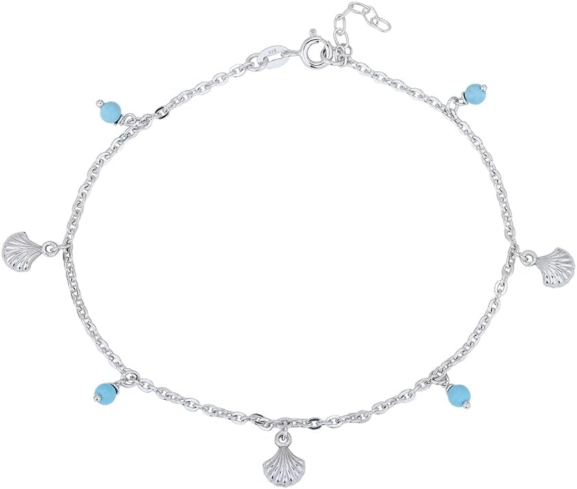 Vanbelle Sterling Silver Jewelry - Rhodium Plated 925 Stamp - Hanging Shell & Turquoise Beads Sea-Theme Anklet - Stylish Beautifully Designed for Women - 9" Long + 1" Extender