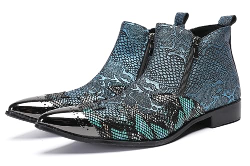 Men’s Fashion Chelsea Boots with Double Zipper – Pointed Toe Casual Dress Cowboy Boots with Glossy Patent Leather, Textured Design – Stylish Party, Stage, Club Ankle Boots for Men Teal Blue 9.5 US -  Santimon