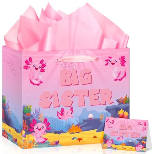 TagreSpike Big Sister Gift Bag for Girls, Axolotl Big Sister Gift Bag with Tissue Paper and Greeting Card Axolotl Wrapping Paper Bags New Sister Party Decor for Little Girl Birthday Party Supplies