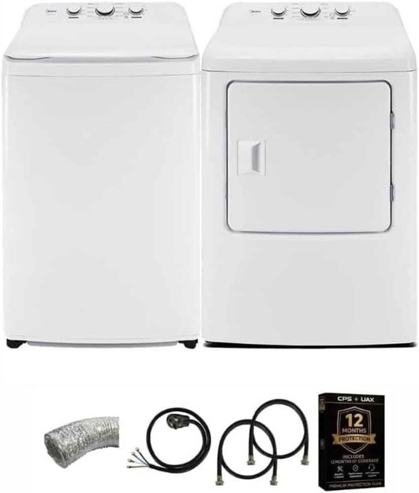 Midea White Top Load Washer and Dryer Pair 3.9 Cu Ft High Efficiency Washer and 6.7 Cu Ft Electric Dryer Bundle with 8 Cycles 4 Temperature Settings Dryer Vent Power Cable and 12 Month CPS Plan