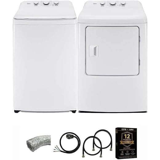 Midea White Top Load Washer and Dryer Pair 3.9 Cu Ft High Efficiency Washer and 6.7 Cu Ft Electric Dryer Bundle with 8 Cycles 4 Temperature Settings Dryer Vent Power Cable and 12 Month CPS Plan