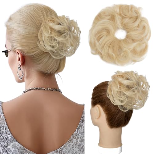 Hairro Hair Bun 100% Real Human Hair Extensions Messy Updo Curly Wavy Scrunchies Hairpiece Fake Bun Hair Piece for Women Bleached Blonde