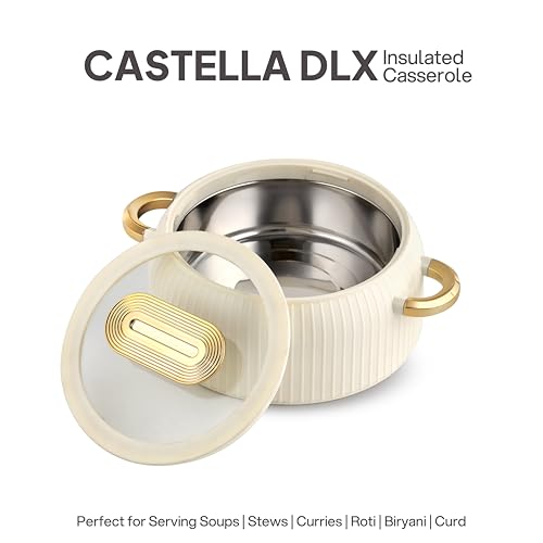 Image of CELLO Castella Deluxe 1500 Insulated Steel Casserole Hot Box for Kitchen 1500 ml, Ivory | Double Wall Airtight Hot Pot Case Keeps Food Hot & Warm for Long Hours, Casserole Set for Roti Rice Biryani